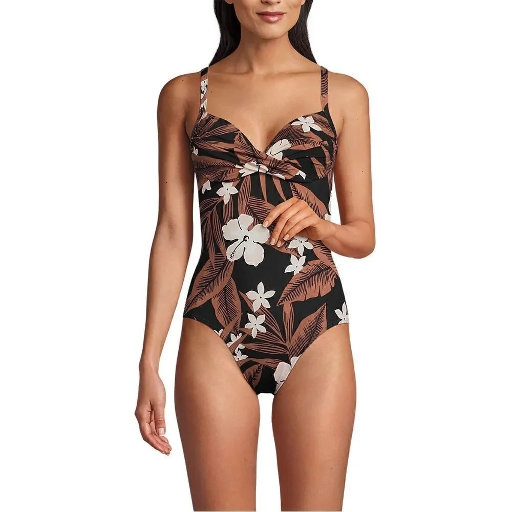 Land's End 1 piece suit chlorine resist targeted sculpting black floral palm Var